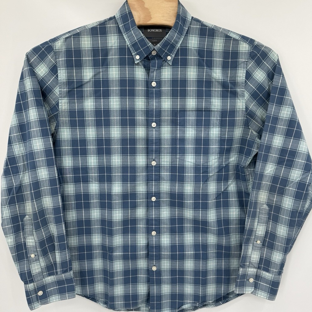 Bonobos Button Down Shirt Men XL Blue Plaid Slim Fit Long Sleeve Cotton Pocket